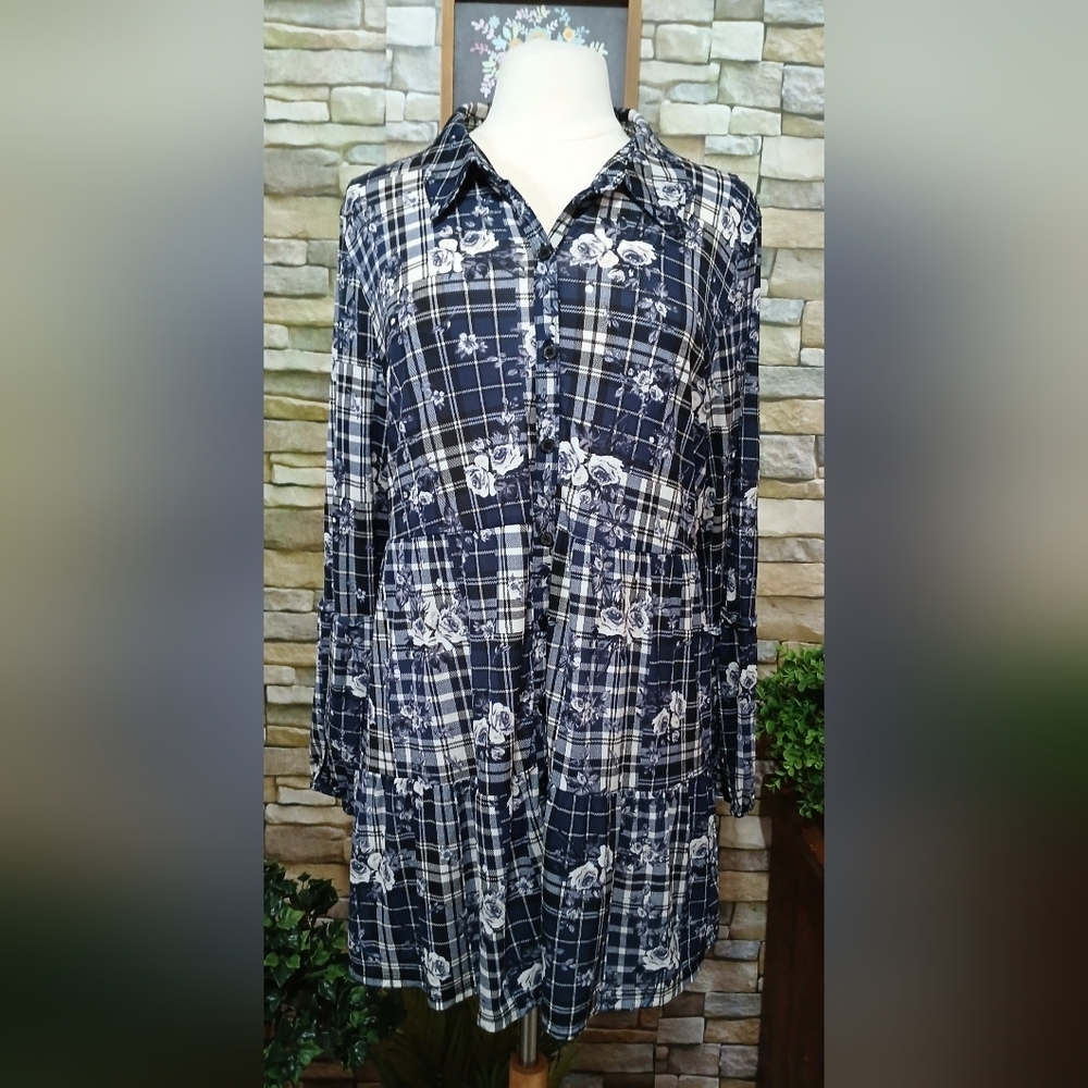 XL Style & Co Button Down Tunic Floral Plaid Blouse Whimsigoth